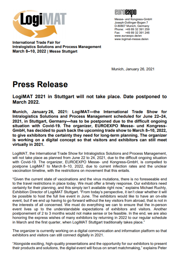 LogiMAT德国展将延期至2022年3月8-10日举办