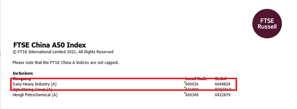 “入富”！三一重工被纳入富时中国A50指数